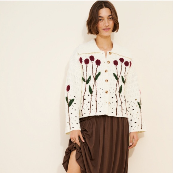 Anthropologie Elliat Floral Collared Cardigan Sweater size small EUC - Picture 1 of 9